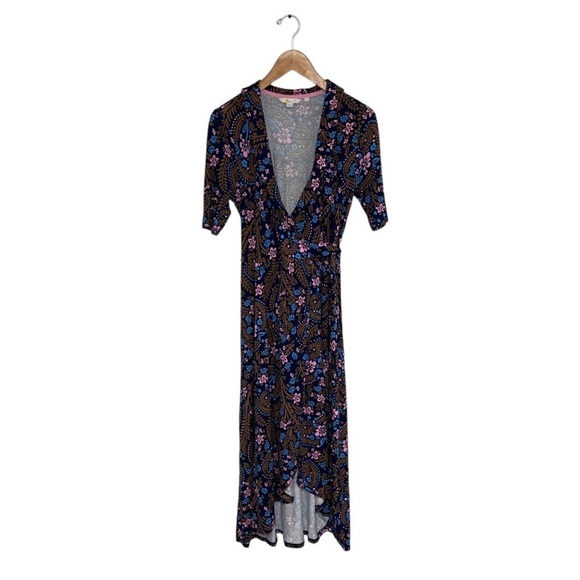 Boden Dress Size 2 US Navy Blue Pink Jersey Wrap Floral Midi Sleeves “Lavinia” - Picture 2 of 11